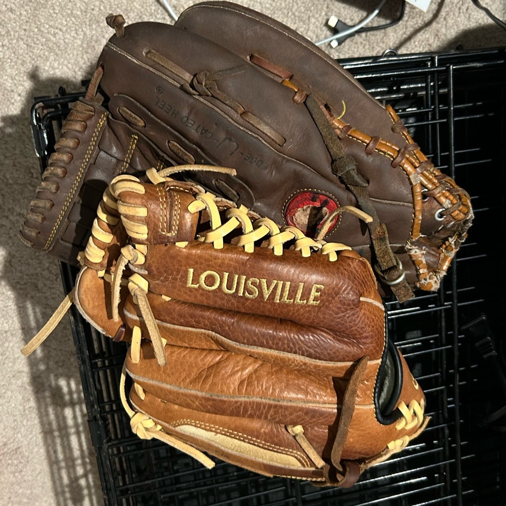 One softball glove and one baseball glove